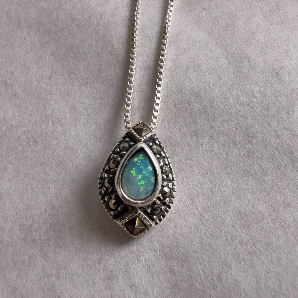 Sterling Silver 925 Opal Teardrop Pendant Necklace Box Chain Womens Jewelry MZ